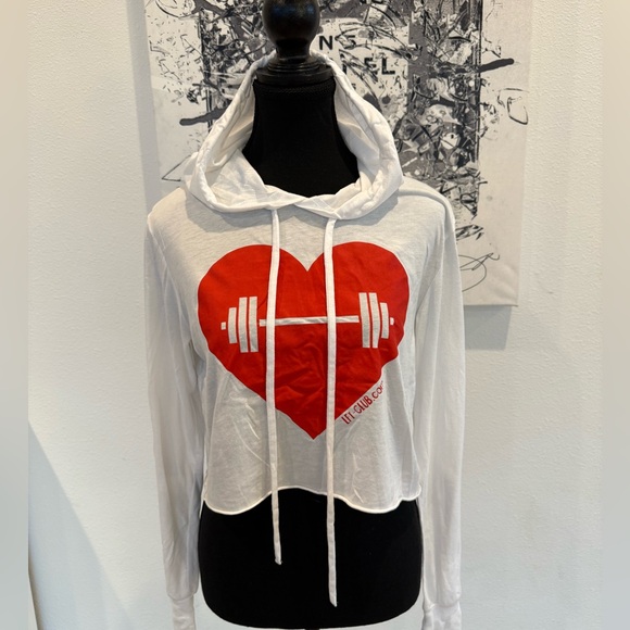 White Crop Hoodie with Red Heart ❤️ and Barbell Design Workout Gym - Picture 1 of 2